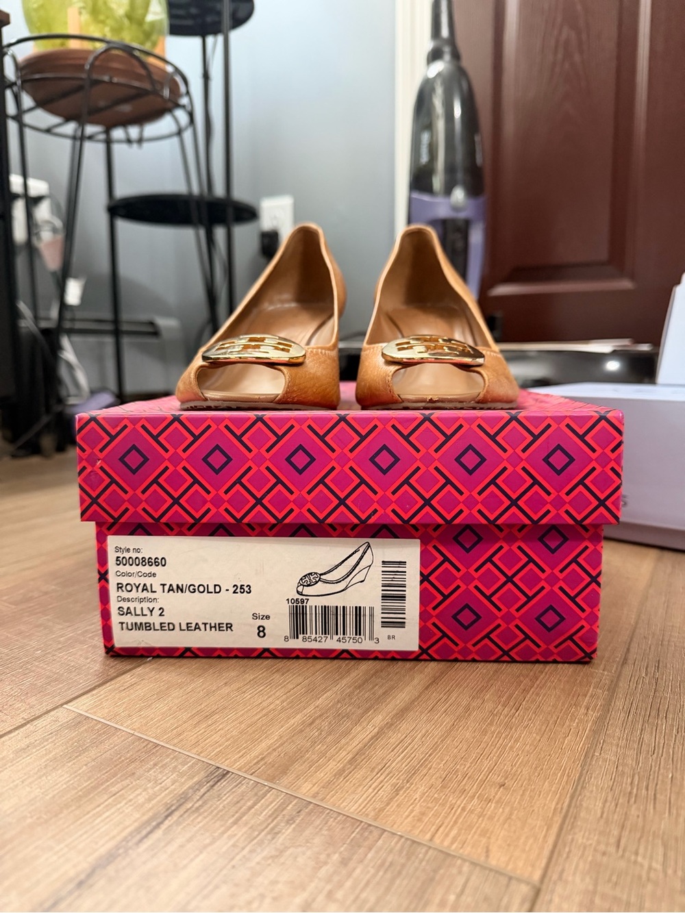 Tory Burch Royal Tan Leather Flats with Gold Logo Accent